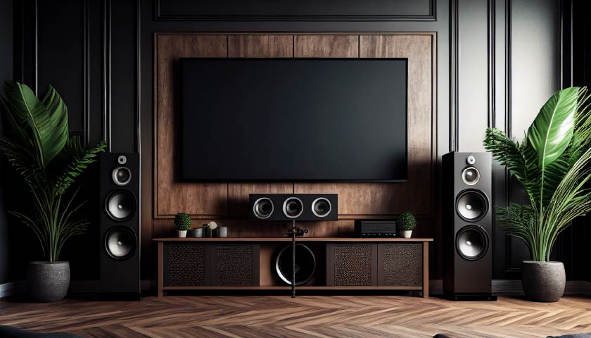 Home theater installation with in-wall speakers and wood paneling