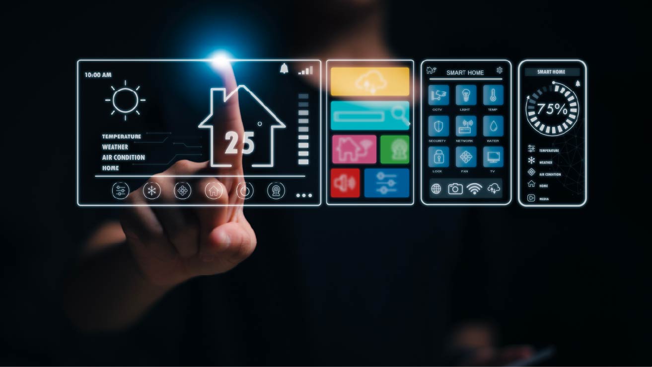 Person controlling smart home settings on a touchscreen interface